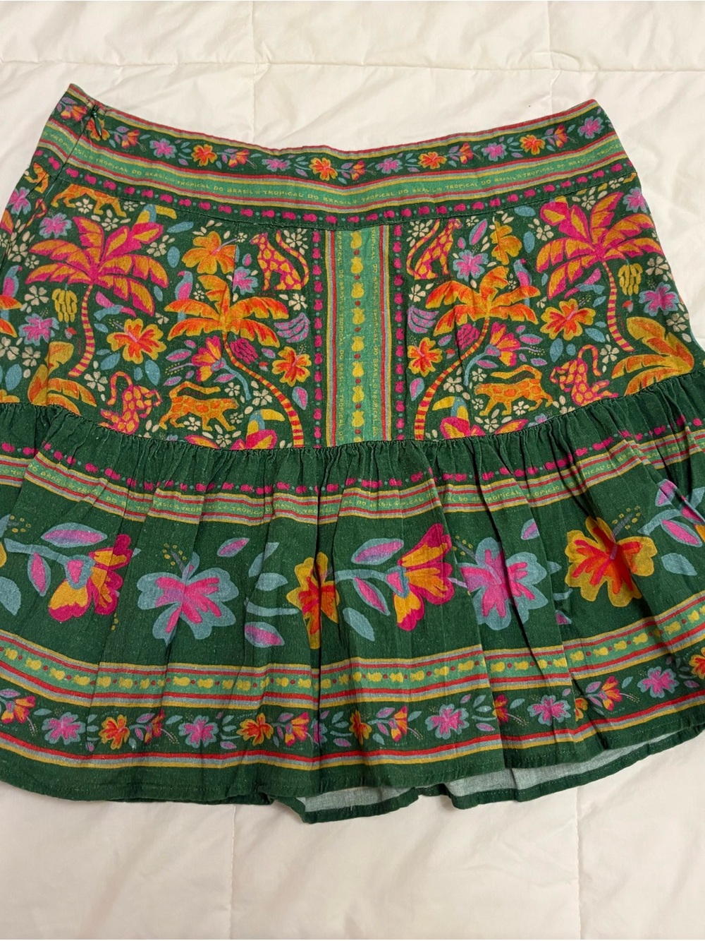 FARM Rio Green Floral Tiered Mini Skirt with Pink & Orange Accents